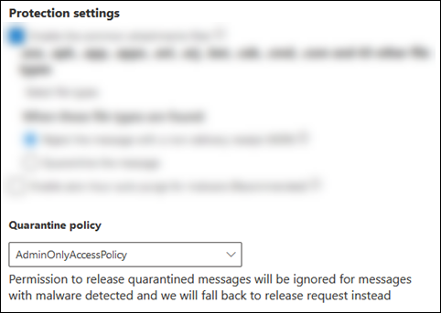 The Quarantine policy selections in an anti-malware policy.