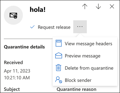 The details of a quarantined message with available actions shown.