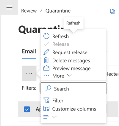 Selecting a quarantined message and then selecting More on a mobile device.