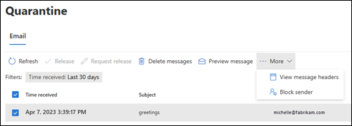 Available actions after you select a quarantined message on the Email tab of the Quarantine page.