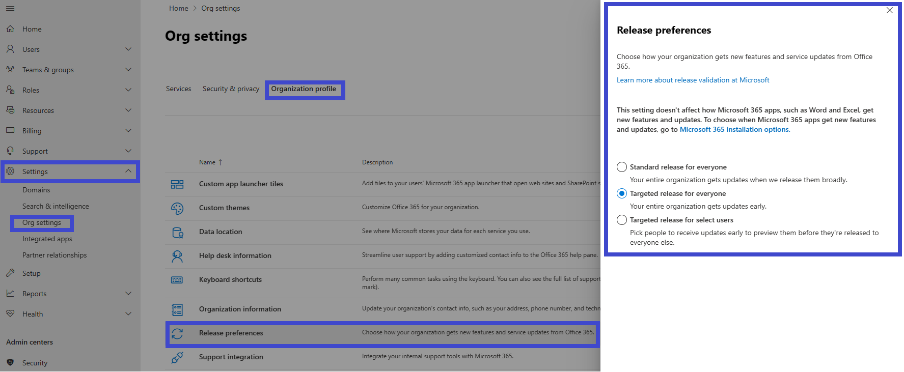 Set up the Standard or Targeted release options - Microsoft 365 admin