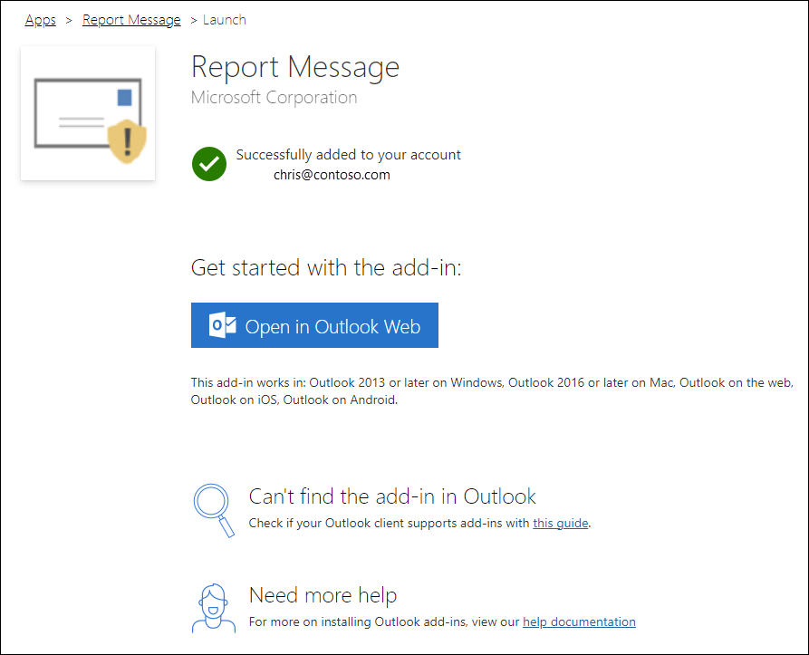The Launch page of the Report Message add-in.
