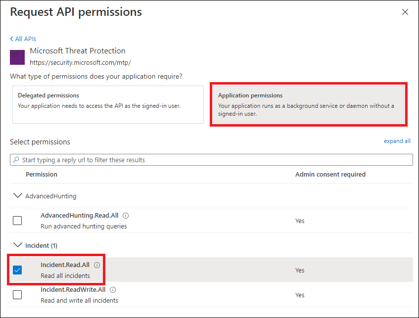 The application permission pane in the Microsoft 365 Defender portal