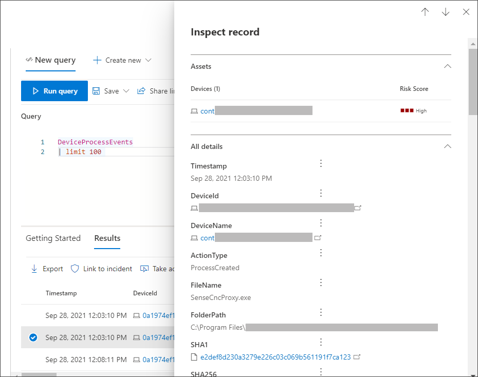 The selected record with panel for inspecting the record in the Microsoft 365 Defender portal