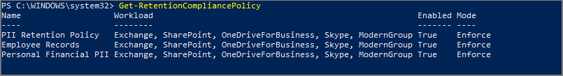 List of retention policies in PowerShell.
