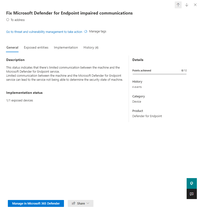 The flyout of an improvement action in the Microsoft 365 Defender portal