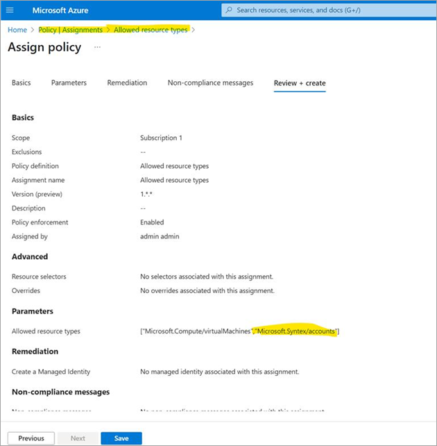 Screenshot of the Assign Policy page showing specific policy assignment details in Azure portal.