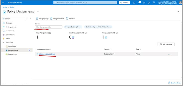 Screenshot of the Policy Assignments page displaying available policies in the Azure portal.
