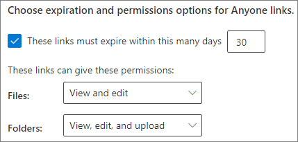 Screenshot of SharePoint organization-level Anyone link expiration settings.