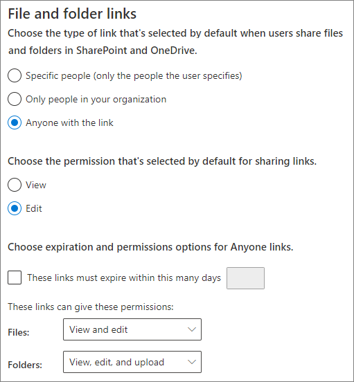 Screenshot of SharePoint organization-level files and folders sharing settings.