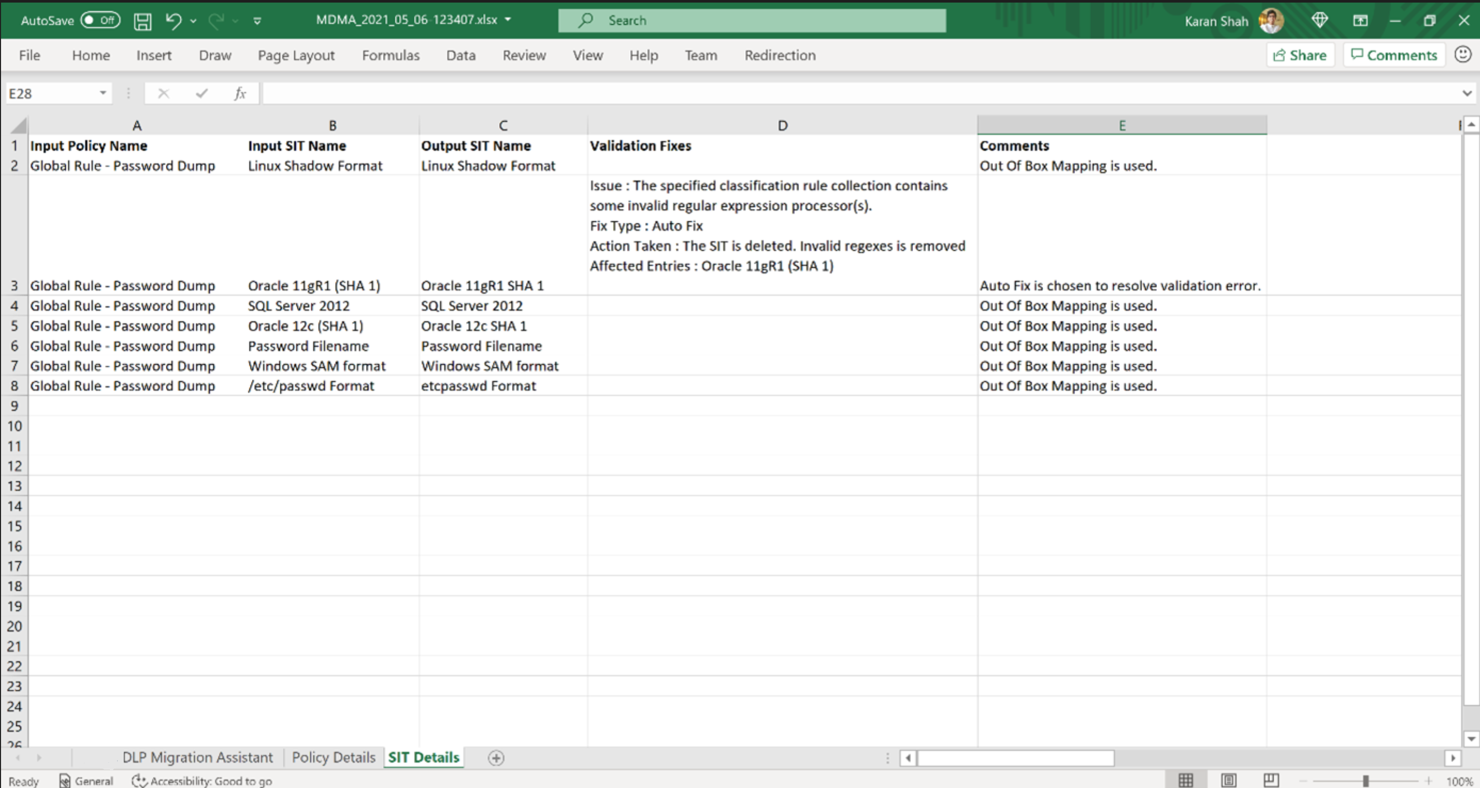 Screenshot of SITs migrated-excel.