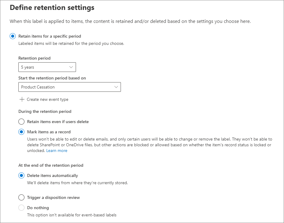 Retention labels office 365
