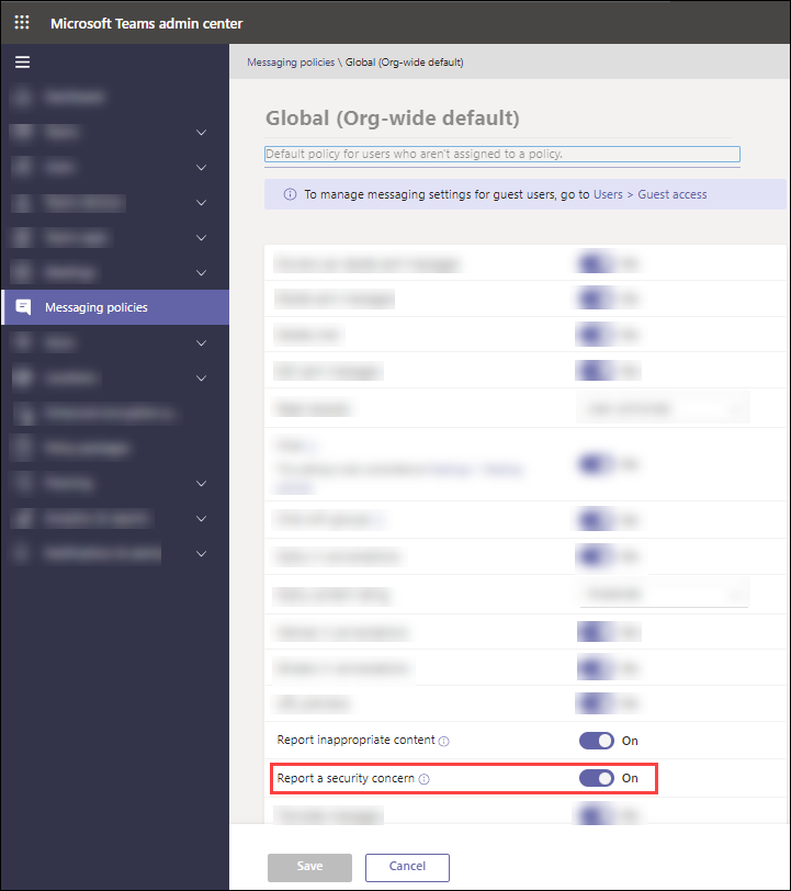 Screenshot of the 'Report a security concern' toggle in Messaging policies in the Teams admin center.