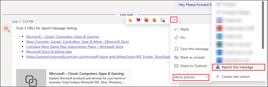 Screenshot of the Select path to report a message in the Microsoft Teams client.