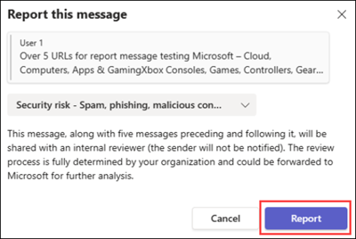 Screenshot of the final dialog to report a message in the Microsoft Teams client.