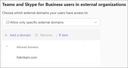Screenshot of Teams external access settings for Teams and Skype for Business users in external organizations with one allowed domain.