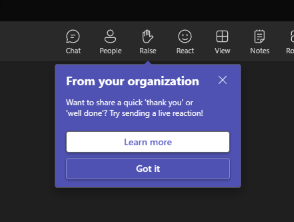 Screenshot showing the notification pop-up in Teams from the admin to use Copilot.
