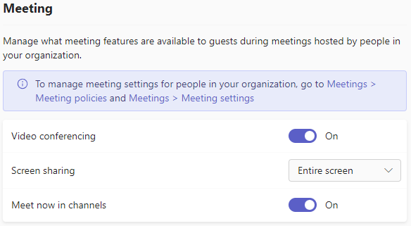 Screenshot of Teams guest meeting settings.