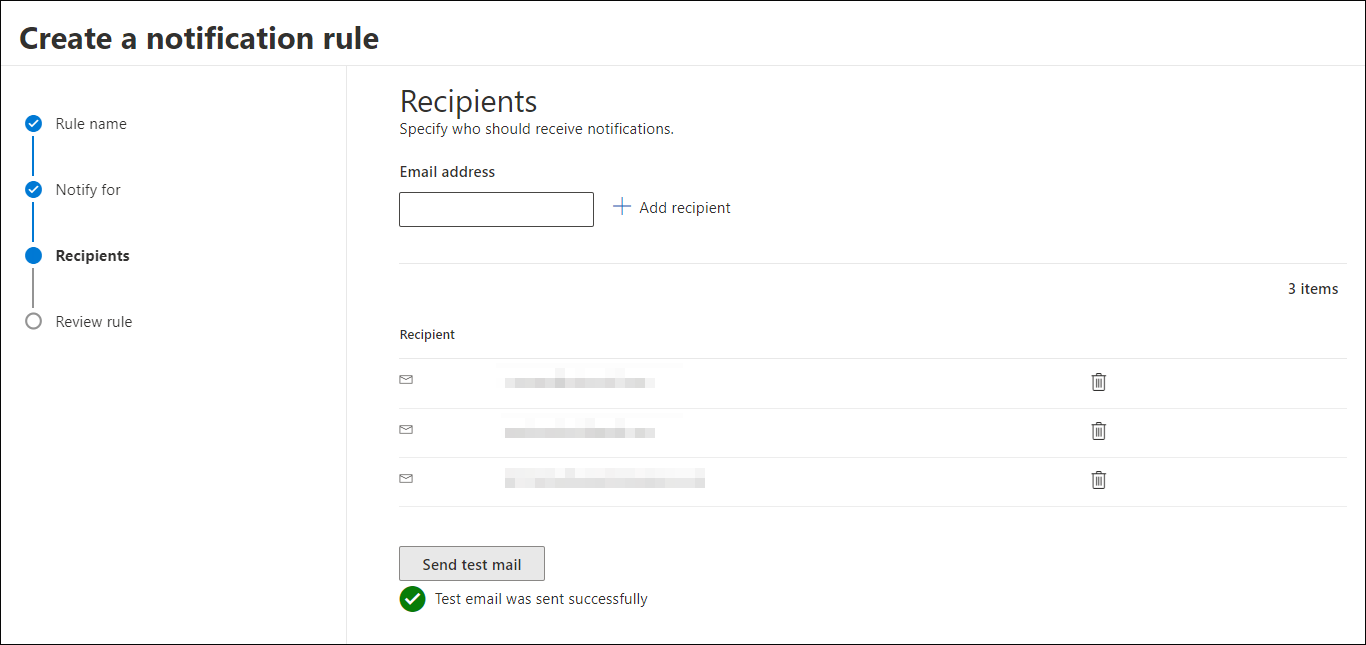 Screenshot of the recipients screen. There are 3 recipients listed, and a test email has been sent, as indicated by a green checkmark