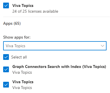 Microsoft Viva Topics licenses in the Microsoft 365 admin center.