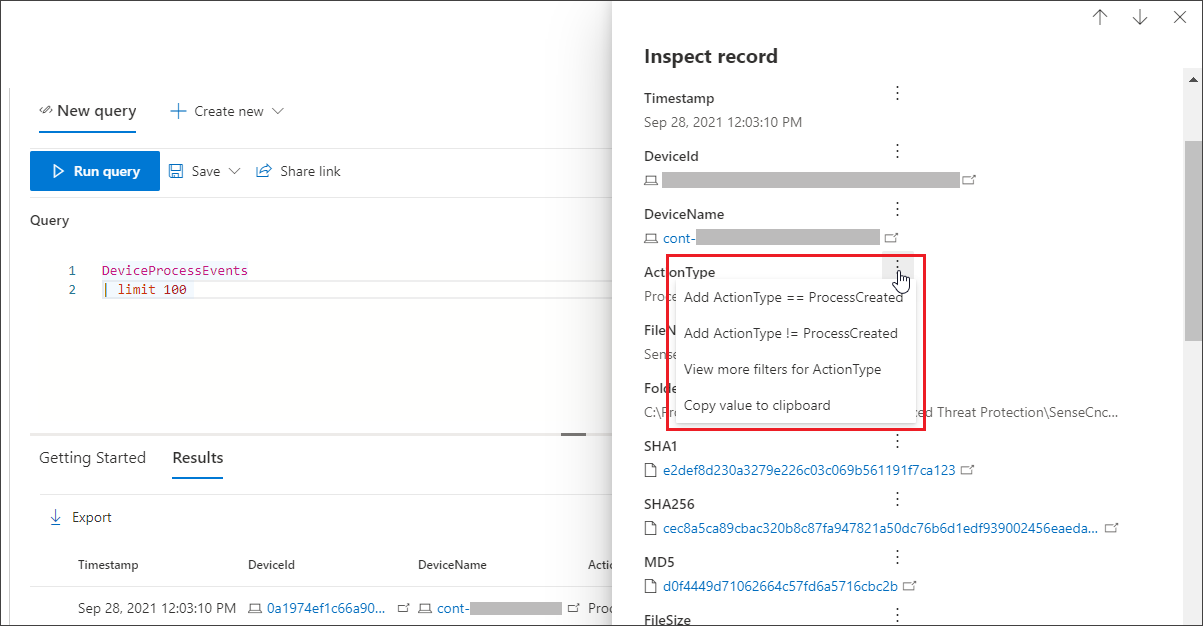 The Action Type pane on the Inspect record page in the Microsoft Defender portal 