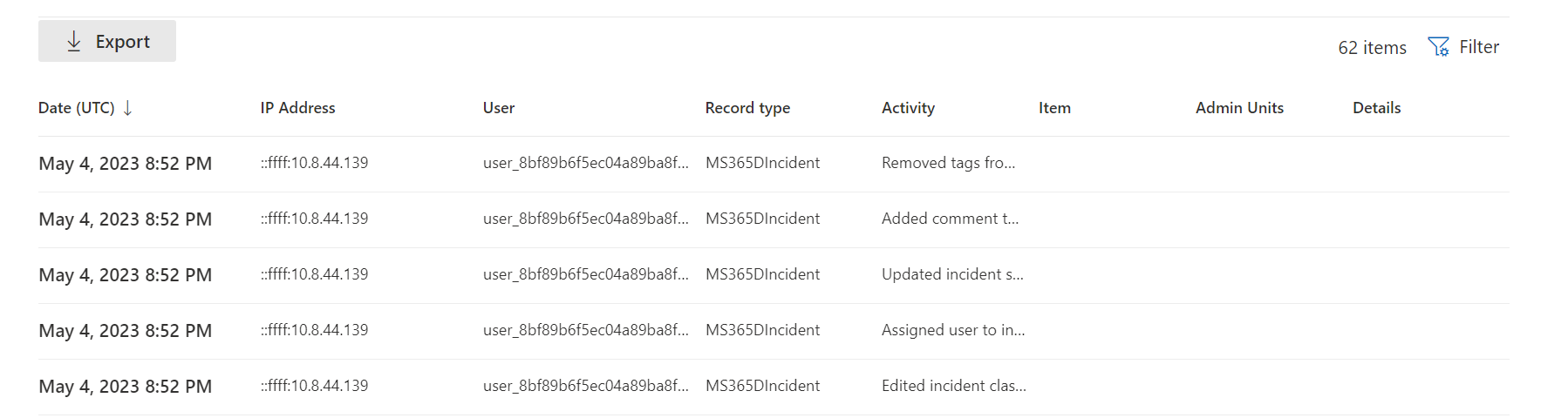 Partial screenshot of a sample audit log related to Defender Experts.