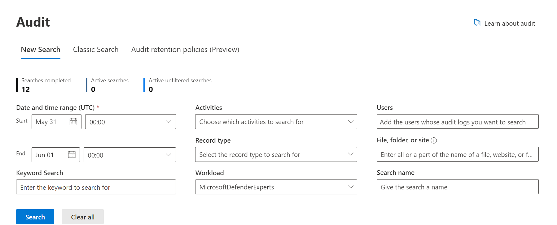 Partial screenshot of Microsoft Purview compliance portal Defender New search page showing the Workload field selected to MicrosoftDefenderExperts.