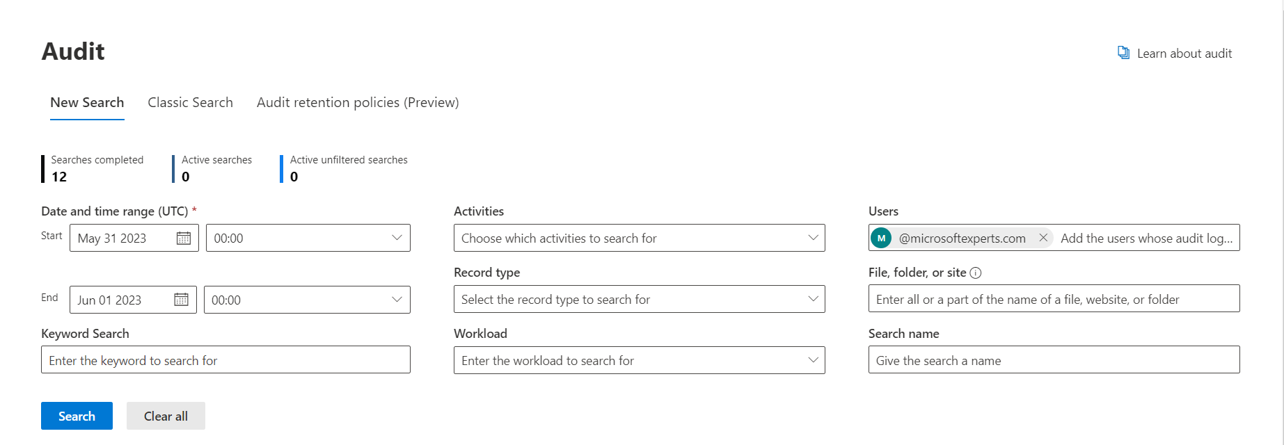 Partial screenshot of Microsoft Purview compliance portal Defender New search page.