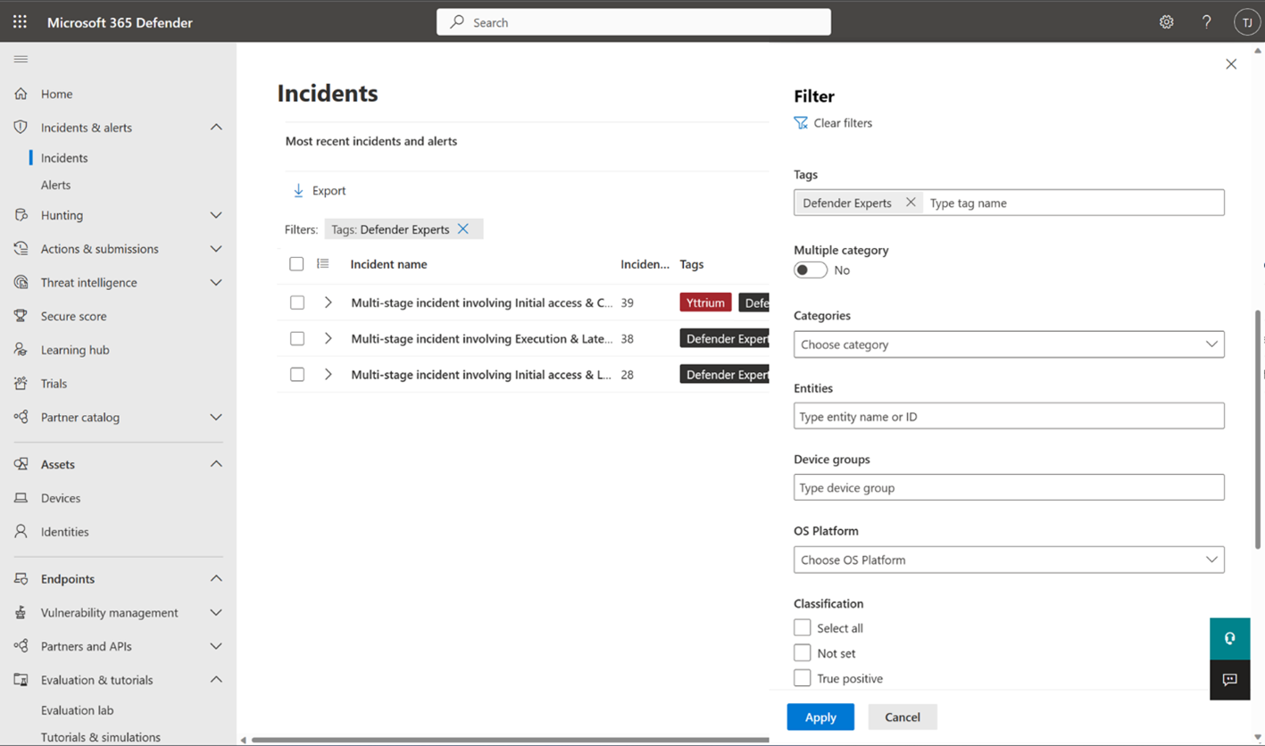 Screenshot of the Incidents queue in Microsoft Defender portal filtered to only show those with the Defender Experts tag.