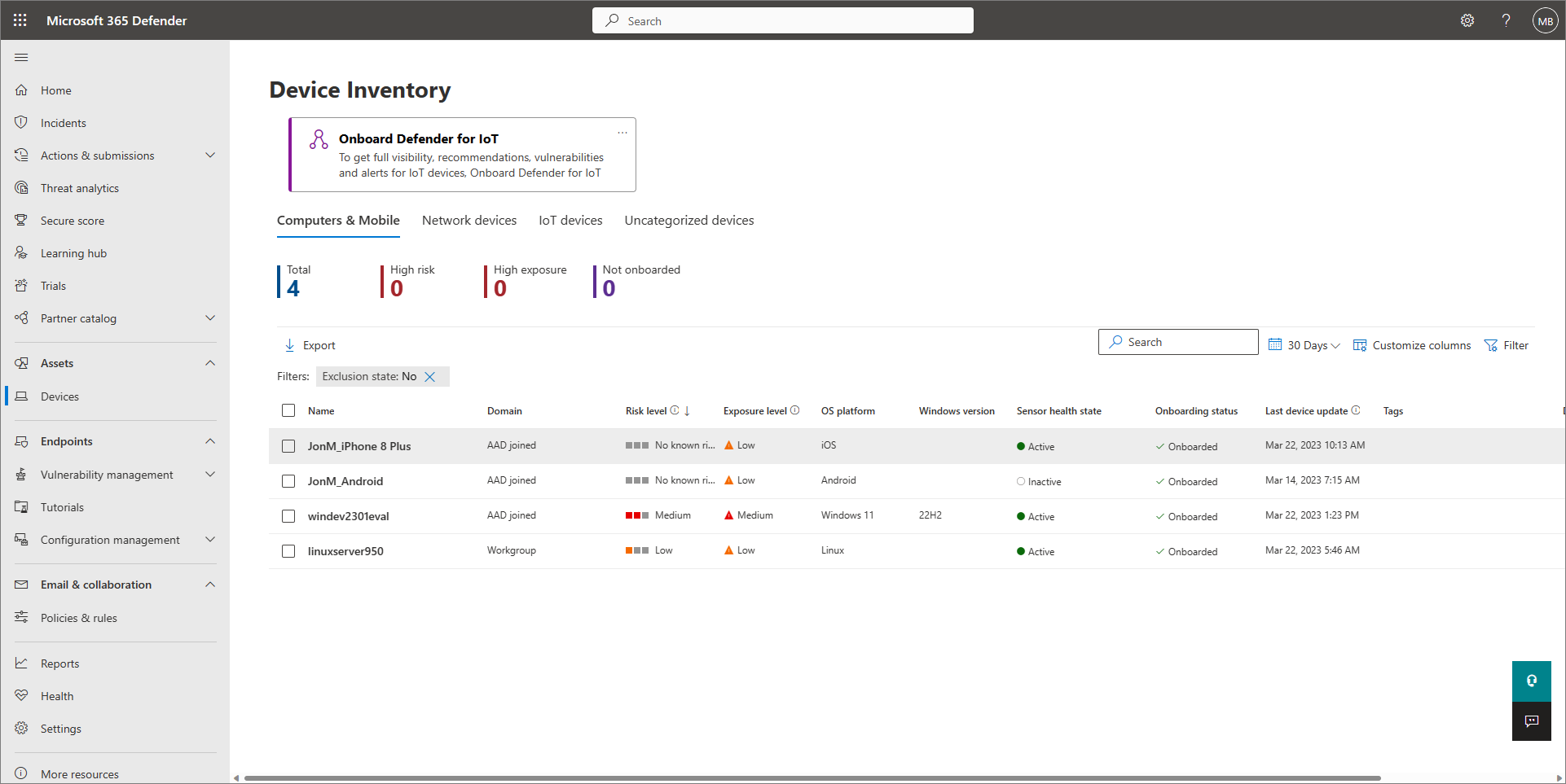 Screenshot of the device inventory report in Defender for Business.