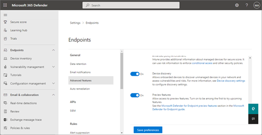Screenshot showing how to turn on preview features in advanced settings for endpoints.