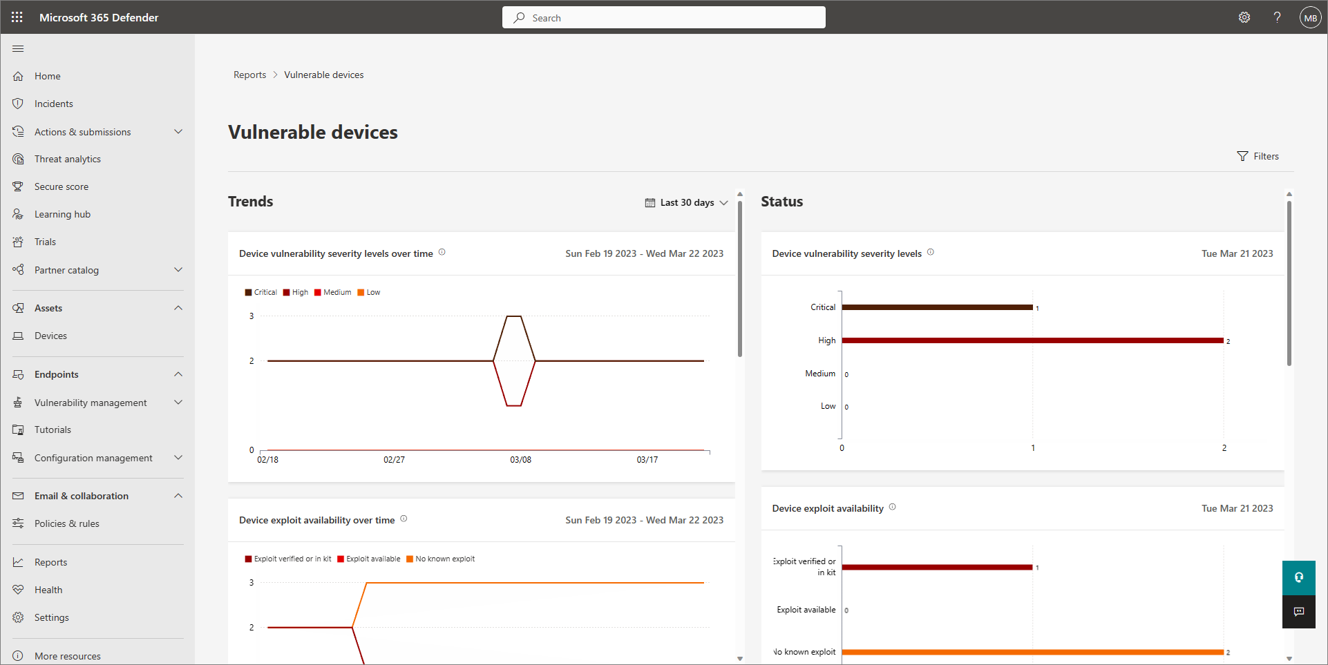 Screenshot of the vulnerable devices report in Defender for Business.