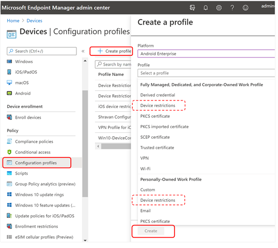 The Configuration profiles menu item in the Policy pane