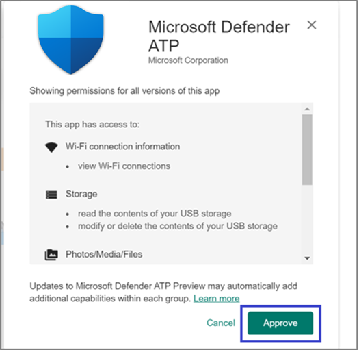 The permissions approval page in the Microsoft Defender 365 portal