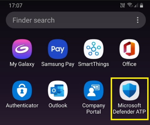The Microsoft Defender ATP icon listed in the Search pane