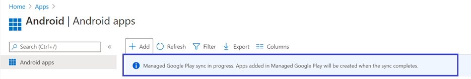 The application sync status pane in the Android apps page in the Microsoft Defender 365 portal