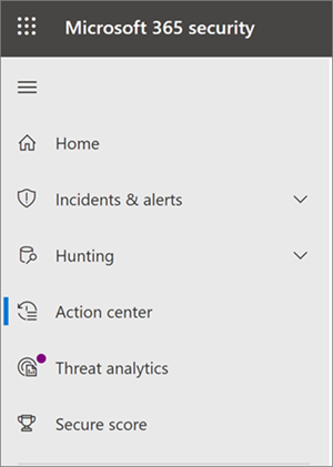 The navigation pane to the Action Center in the Microsoft Defender portal