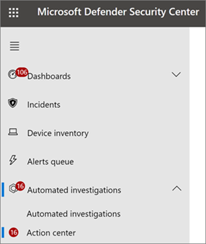 An older version of the navigation pane to the Action Center in the Microsoft Defender portal