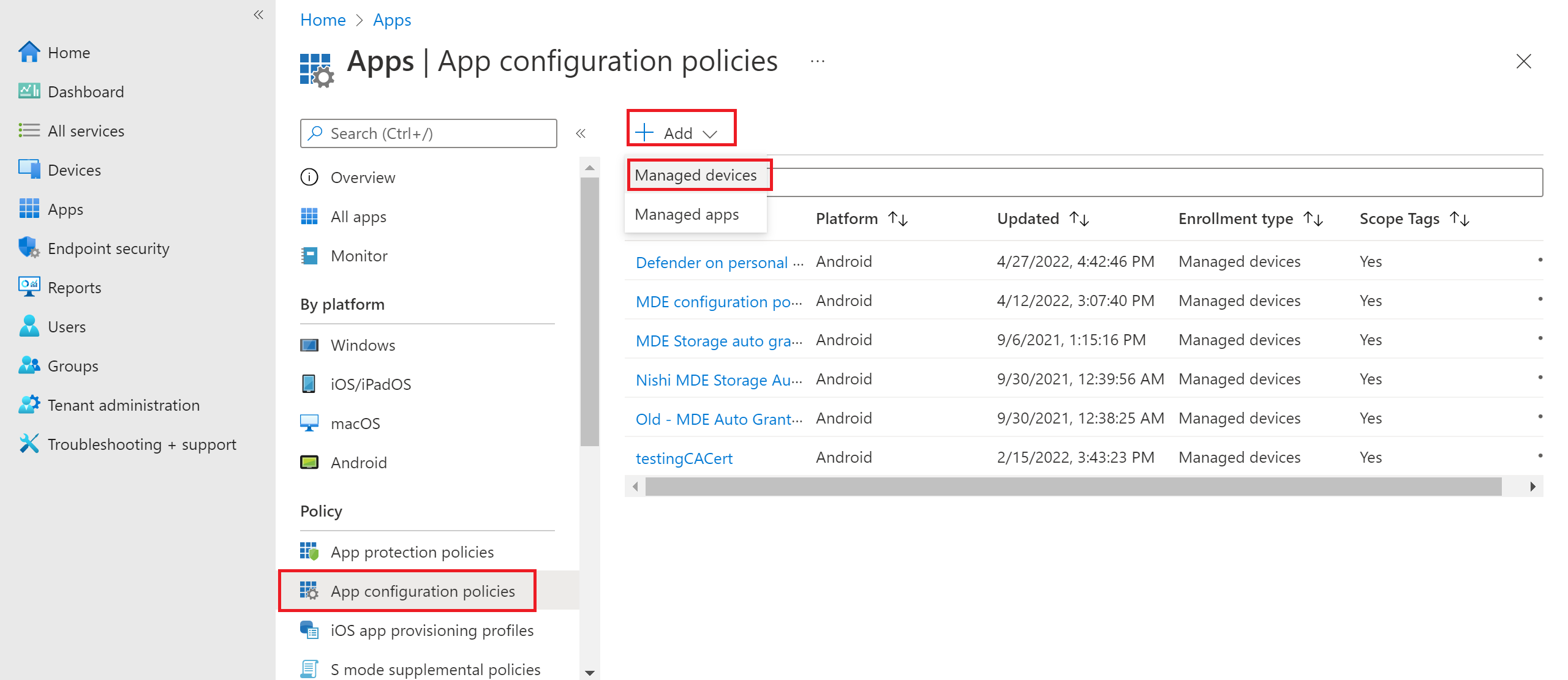 Image of adding app configuration policy.