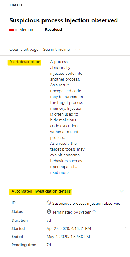 The details pane with the alert description and automatic investigation sections highlighted