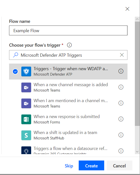  The Choose your flow's trigger section in the Microsoft Defender 365 portal