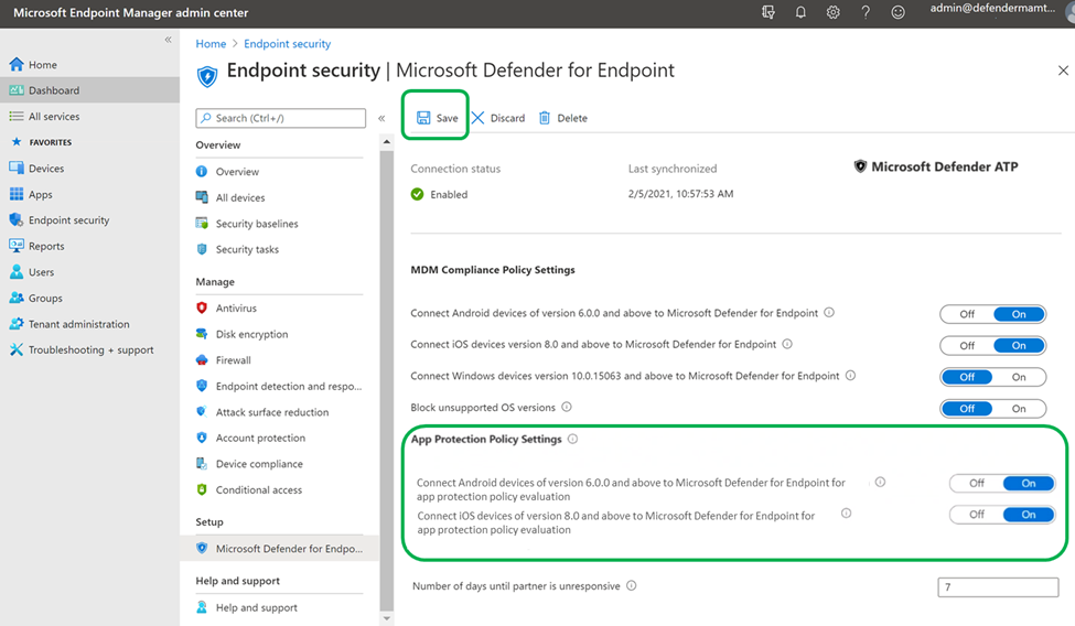 The application settings pane in the Microsoft 365 Defender portal.