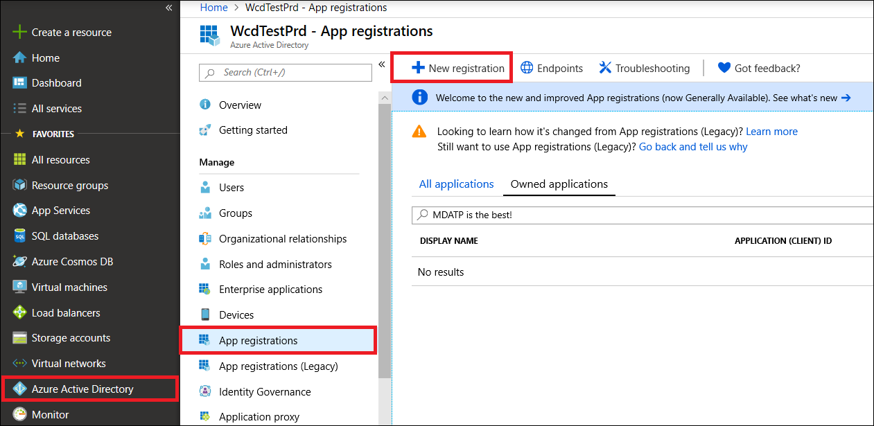 The App registrations page in the Microsoft Azure portal