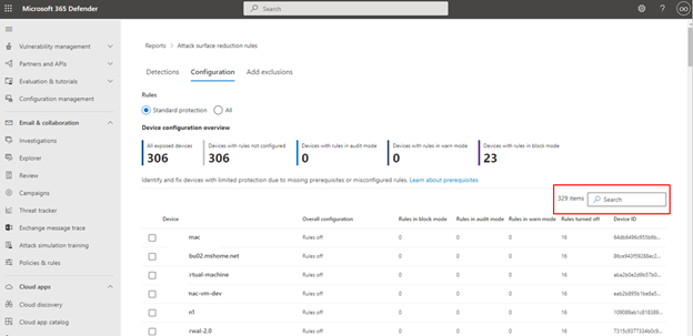 Screenshot that shows the ASR rules report search feature on the configuration tab.