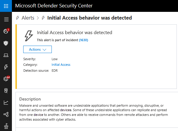Initial access alert in the Microsoft 365 Defender portal