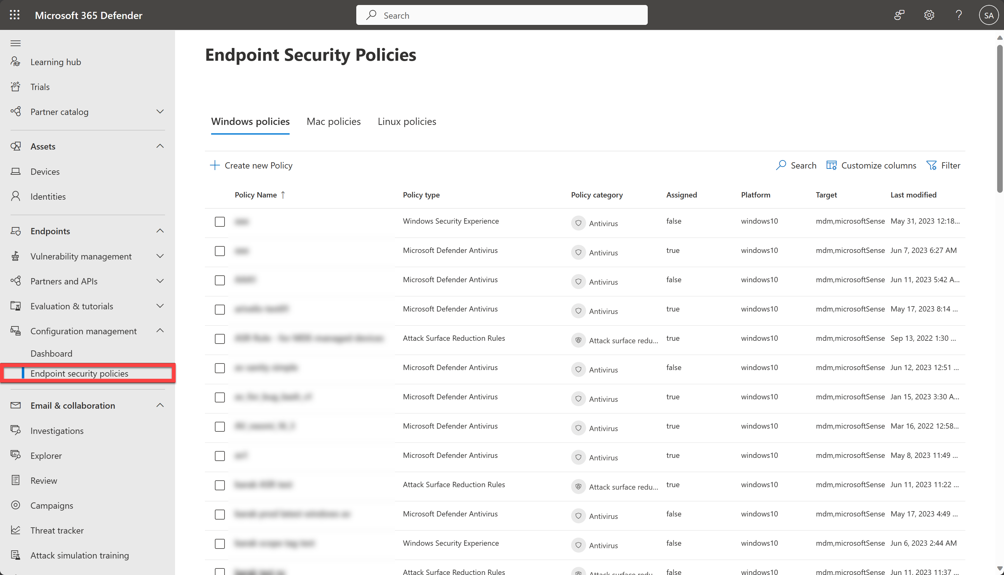 Managing Endpoint security policies in the Microsoft 365 Defender portal