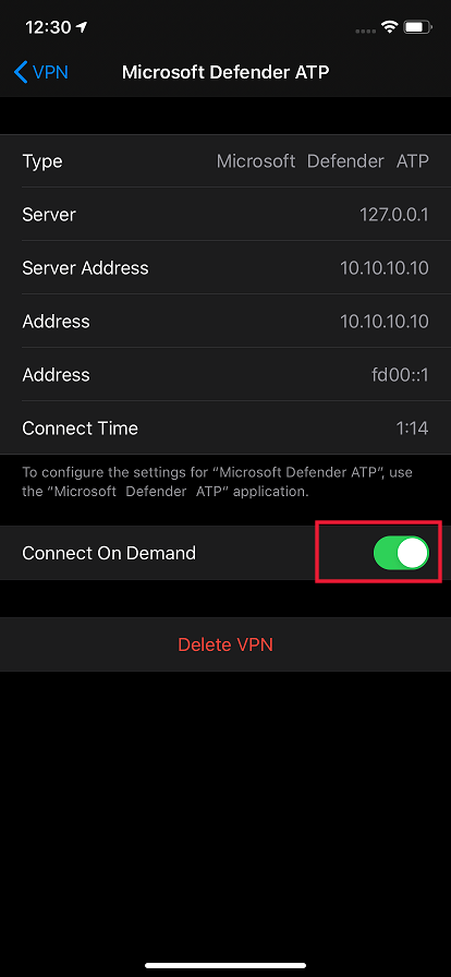 The toggle button for the VPN config Connect on demand option