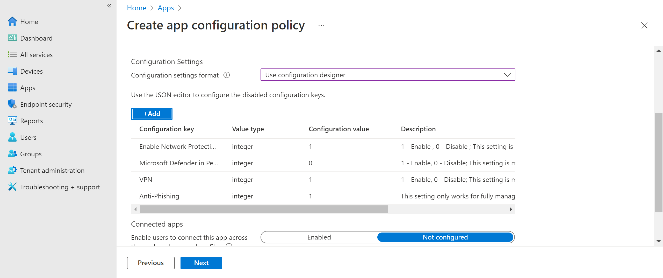 Image of selected configuration policies.