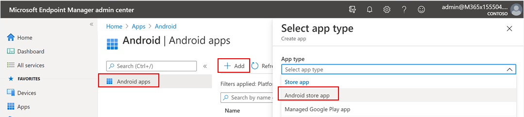 The Add Android store application pane in the Microsoft Endpoint Manager Admin Center portal