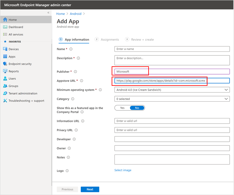  The Add App page displaying the application's publisher and URL information in the Microsoft Endpoint Manager Admin Center portal